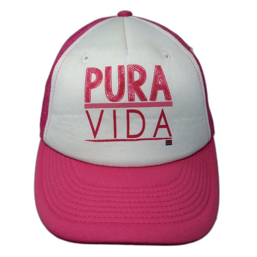 Tuanis Trucker Hat Pink White OS Mesh Pura Vida Costa Rica Adjustable Snapback